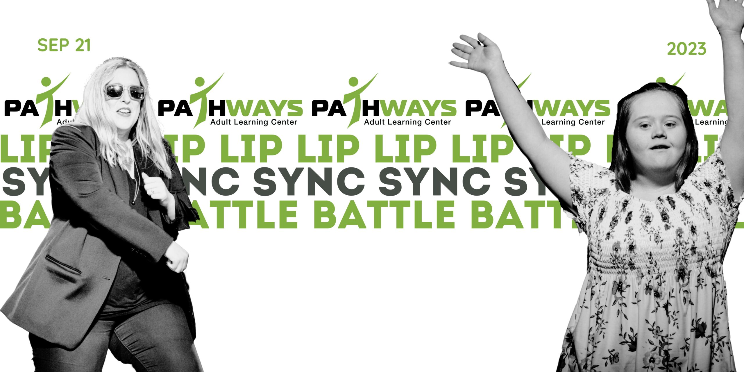 Two people mid dance. Text that reads September 21, 2023 Pathways Lip Sync Battle